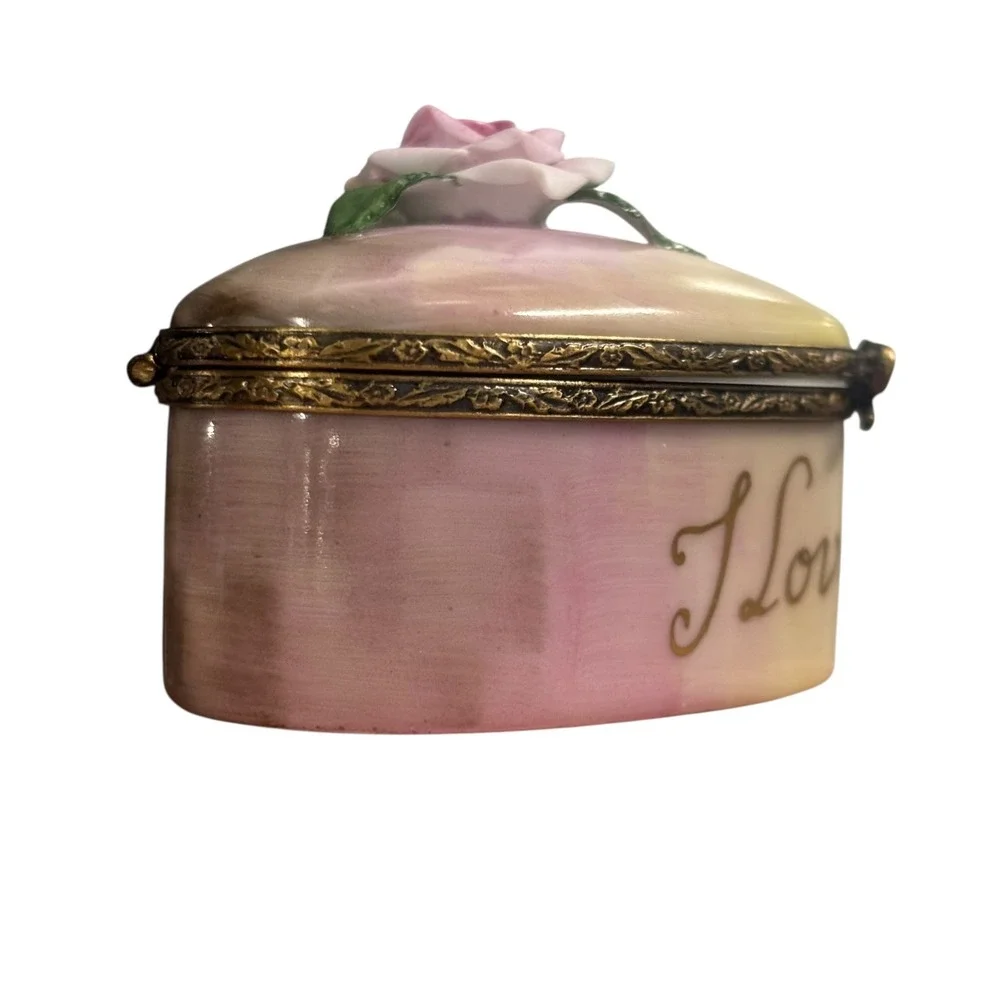 La Gloriette Limoges France Heart Trinket Box I Love You Hand Painted 3D Rose - Picture 3 of 9